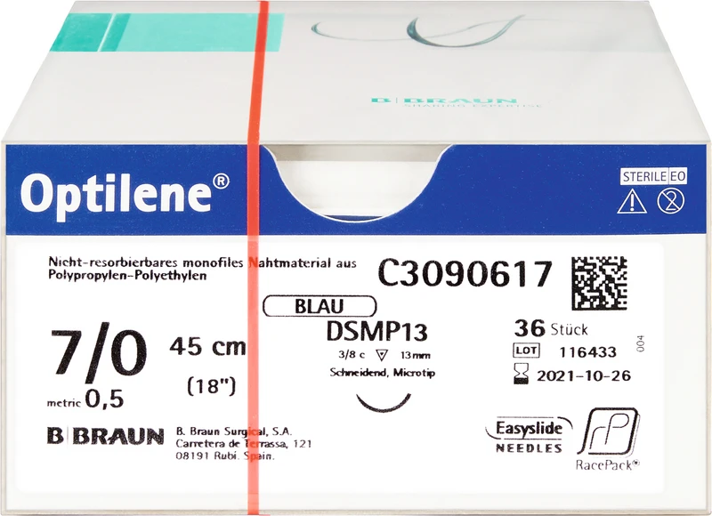 Optilene®  Packung  36 Stück blau, 45 cm, DSMP13, 3\8 Kreis, schneidend, Mikropräzision, 13 mm, USP 7\0