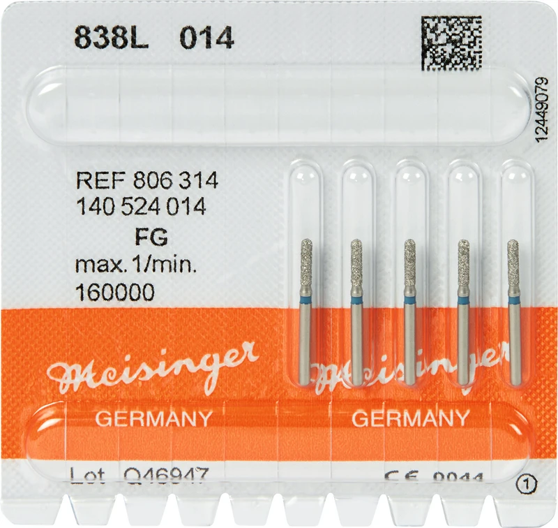 Diamanten 838  Packung  5 Stück blau mittel, FG, Figur 140 Zylinder lang, 7 mm, ISO 014