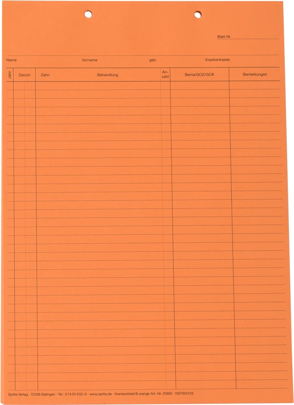 Krankenblatt B   Stück  100 Blatt orange, kopfgelocht, für DIN A5