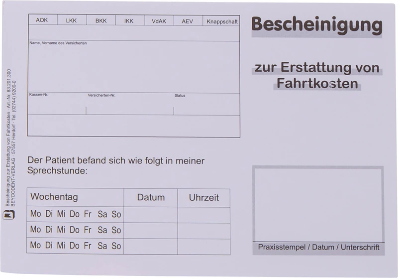 Bescheinigung zur Erstattung von Fahrtkosten   Stück  100 Blatt