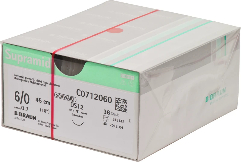 Supramid  Packung  36 Stück schwarz, 45 cm, DS12, 3\8 Kreis, schneidend, 12 mm, USP 6\0
