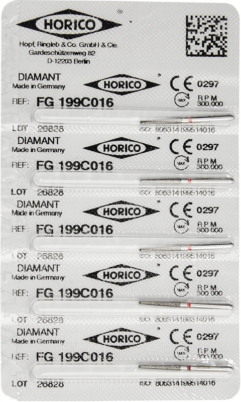 Diamantschleifer 199  Packung  5 Stück rot fein, FG, Figur 199, 10 mm, ISO 016