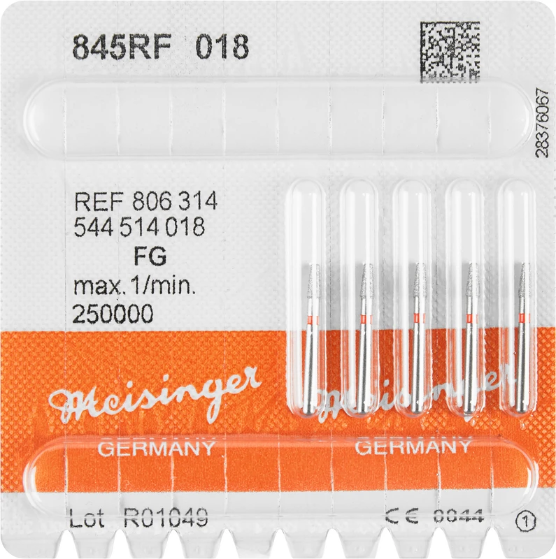 Diamanten 845  Packung  5 Stück rot fein, FG, Figur 544 Konus Kante abgerundet, 4 mm, ISO 018