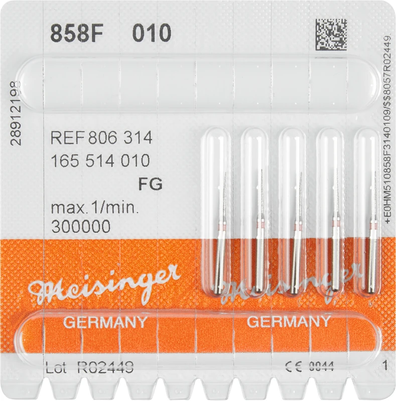 Diamanten 858  Packung  5 Stück rot fein, FG, Figur 165 kon. spitz, Nadel, 8 mm, ISO 010