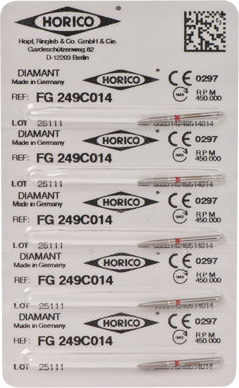 Diamantschleifer 249  Packung  5 Stück rot fein, FG, Figur 249, 8 mm, ISO 014