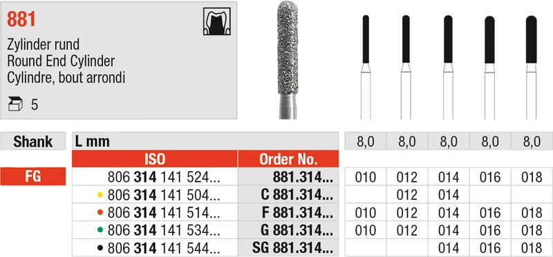 Diamanten 881  Packung  5 Stück grün grob, FG, Figur 141 Zylinder rund, 6 mm, ISO 016