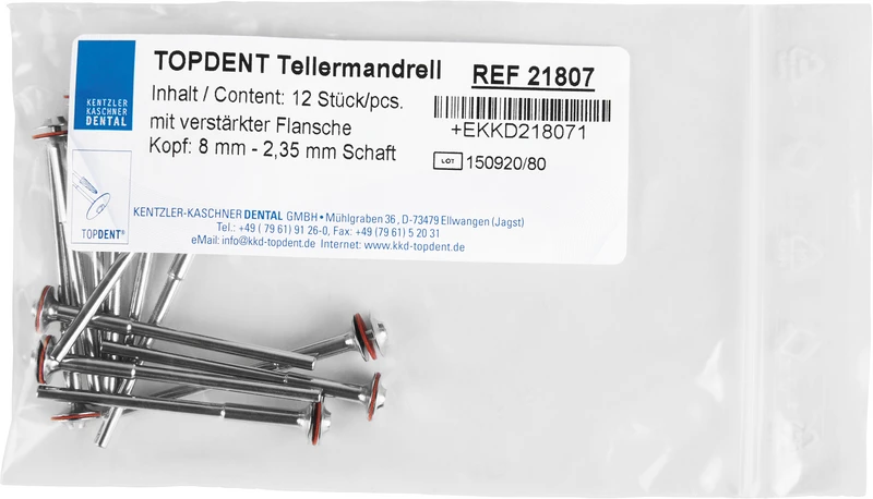 TOPDENT Tellermandrell  Packung  12 Stück, Kopf Ø 8 mm mit verstärkter Flansche