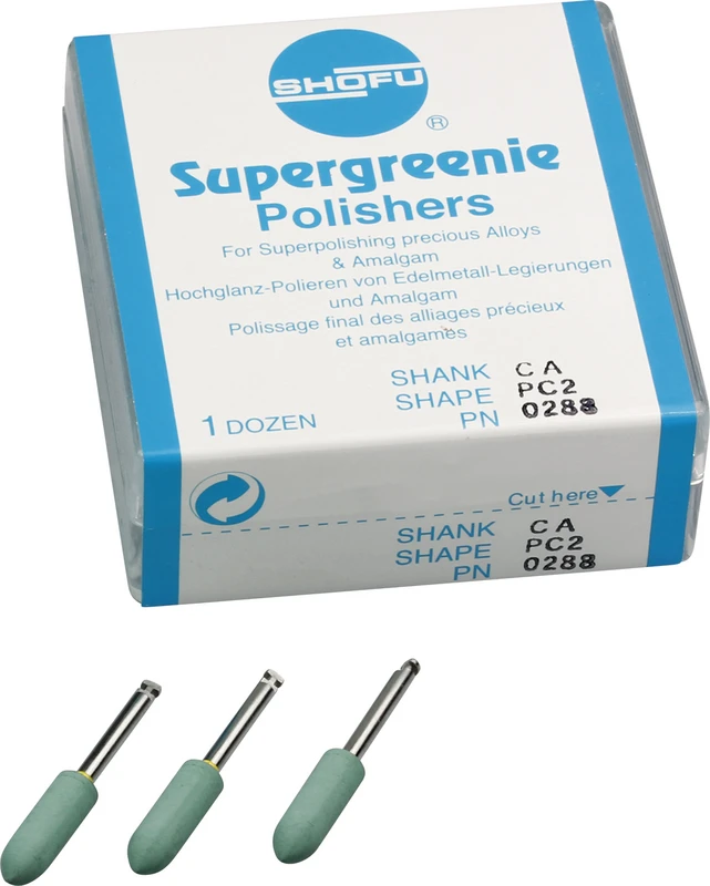 Silikonpolierer  Packung  12 Stück grün, RA gelb, Figur PC2, ISO 050