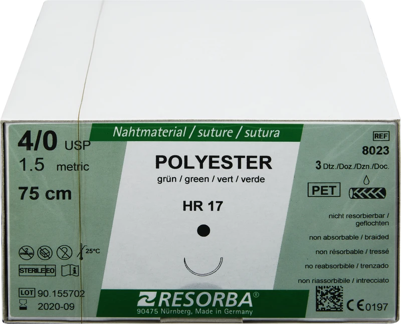 RESORBA® Polyester  Packung  36 Stück grün, 75 cm, HR17, 1\2 Kreis, Rundkörper, 17 mm, USP 4\0