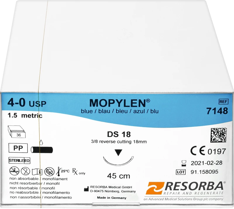 MOPYLEN®  Packung  36 Stück blau, 45 cm, DS18, 3\8 Kreis, außen schneidend, 18 mm, USP 4\0