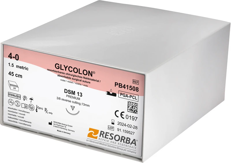 Glycolon® Monofil  Packung  24 Stück violett, 45 cm, DSM13, 3\8 Kreis, außen schneidend, 13 mm, USP 4\0