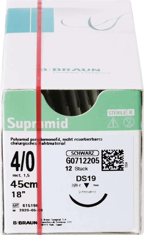 Supramid  Packung  12 Stück schwarz, 45 cm, DS19, 3\8 Kreis, schneidend, 19 mm, USP 4\0