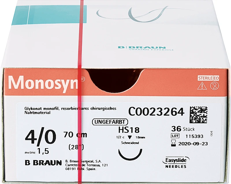 Monosyn®   Packung  36 Stück ungefärbt, 70 cm, HS18, 1\2 Kreis, schneidend, 18 mm, USP 4\0