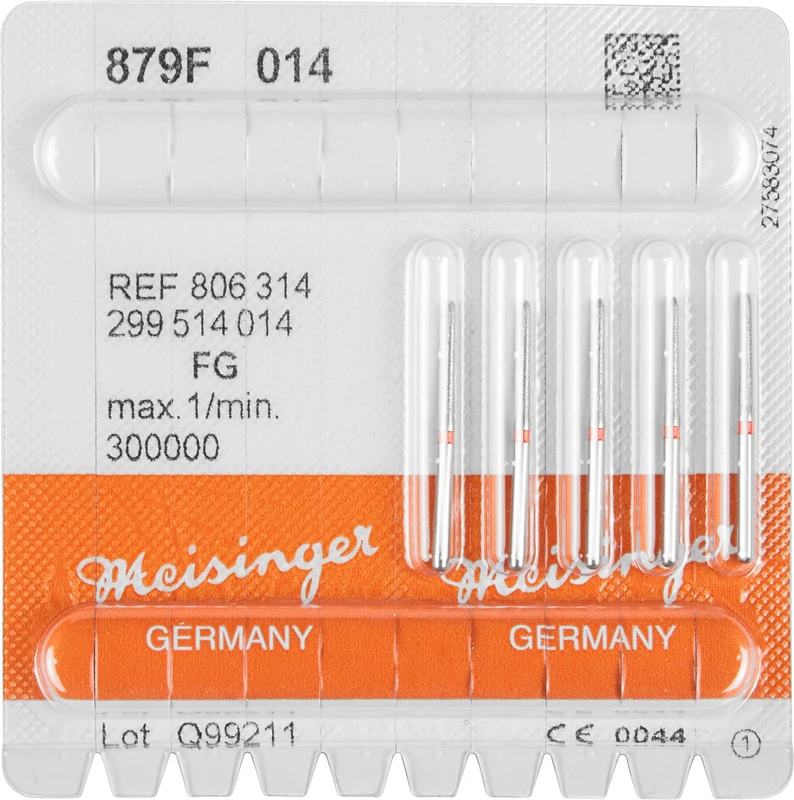 Diamanten 879  Packung  5 Stück rot fein, FG, Figur 299 Torpedo konisch, 10 mm, ISO 014