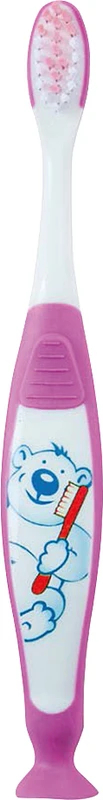 Kinderzahnbürste mit Saugfuss  Packung  12 Stück Bär, pink