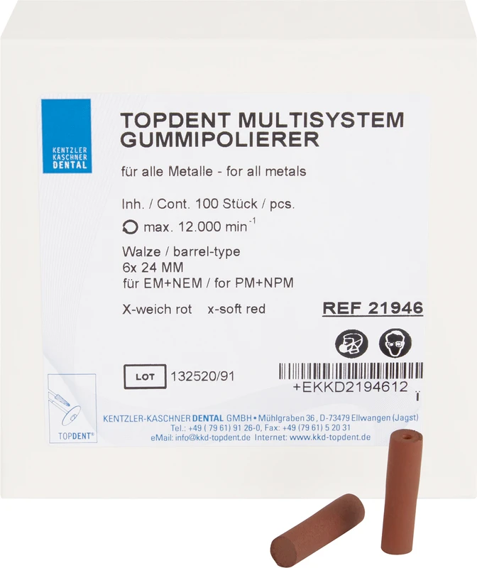 TOPDENT Multisystem-Gummipolierer  Packung  100 Stück rot x-weich, Walze Ø 6 mm x 24 mm