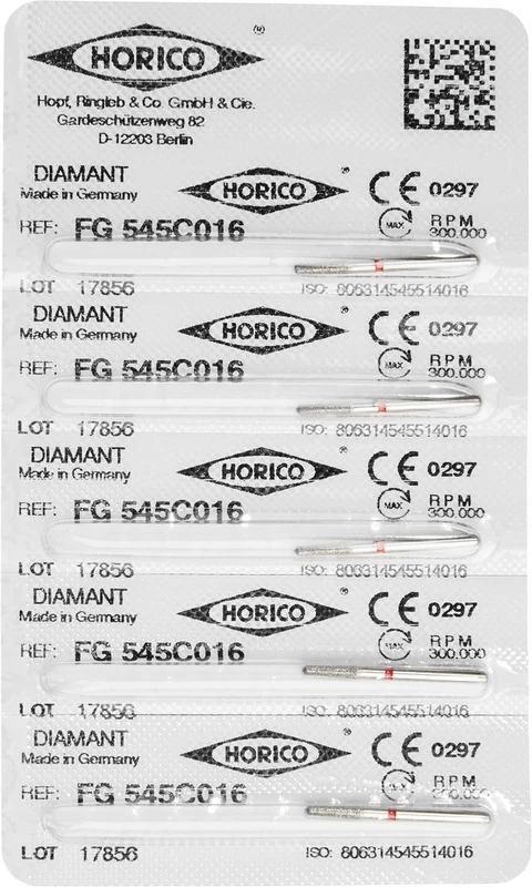 Diamantschleifer 545  Packung  5 Stück rot fein, FG, Figur 545, 6 mm, ISO 016