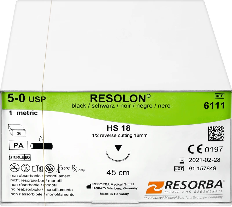 RESORBA® Supramid  Packung  36 Stück schwarz, 45 cm, HS18, 1\2 Kreis, außen schneidend, 18 mm, USP 5\0
