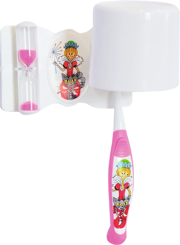 Dental Set complete  Packung  Zahnfee (1 Zahnbürste, 1 Zahnputzuhr mit Halter 2,5 min, 1 Zahnputzbecher) pink