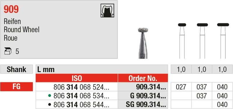 Diamanten 909  Packung  5 Stück schwarz supergrob, FG, Figur 068 Reifen, 1 mm, ISO 040