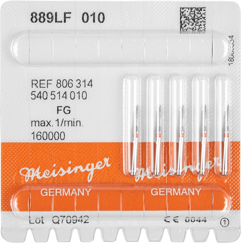 Diamanten 889  Packung  5 Stück rot fein, FG, Figur 540 lang, Flamme, 4 mm, ISO 010