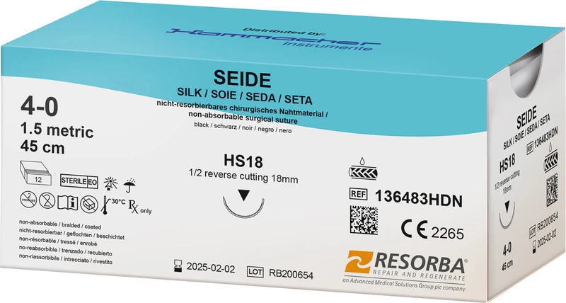 SEIDE  Packung  12 Stück schwarz, 45 cm, HS18, 1\2 Kreis, außen schneidend, 18 mm, USP 4\0