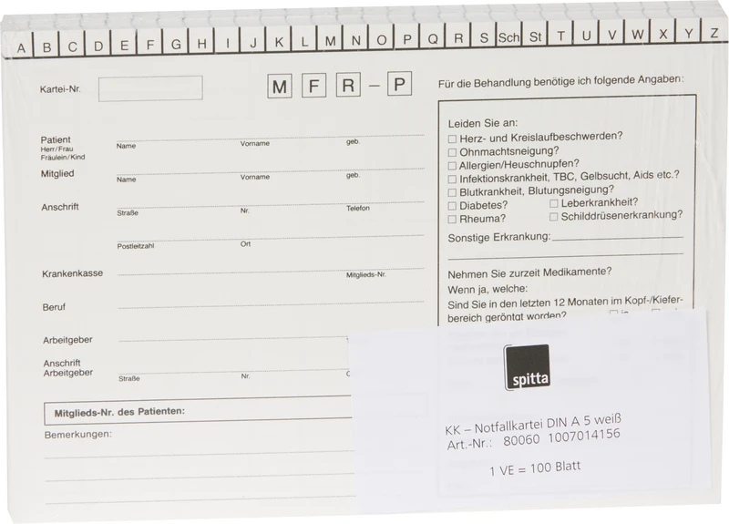 Notfallkarteien   Packung  100 Stück 1-fach