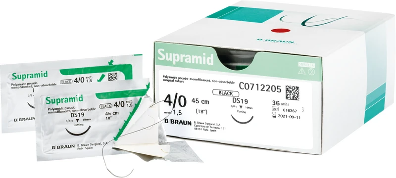 Supramid  Packung  36 Stück schwarz, 45 cm, DSMP14, 3\8 Kreis, schneidend, Mikropräzision, 14 mm, USP 5\0