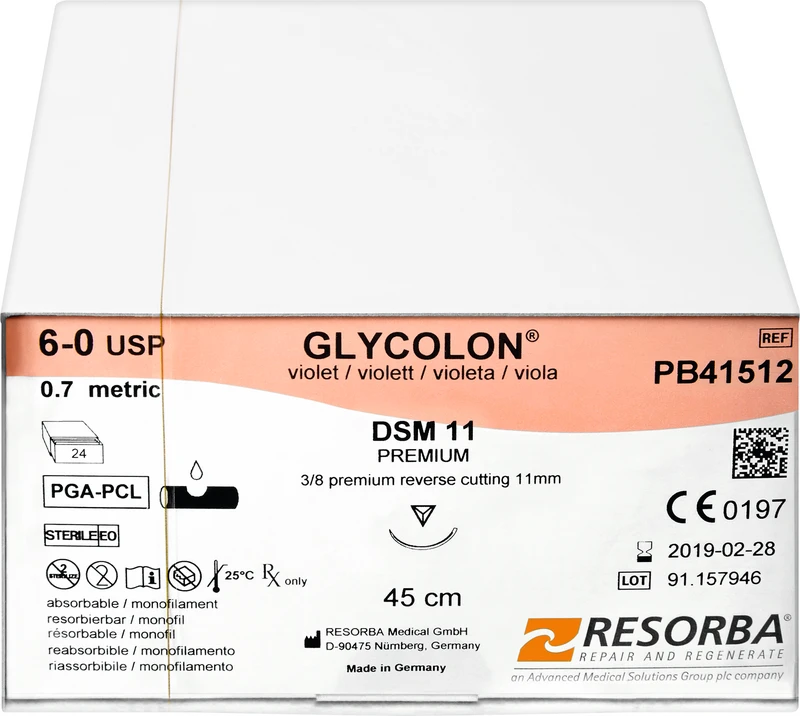 Glycolon® Monofil  Packung  36 Stück violett, 45 cm, DSM11, 3\8 Kreis, außen schneidend, Premium-Schliff, 11 mm USP 6\0
