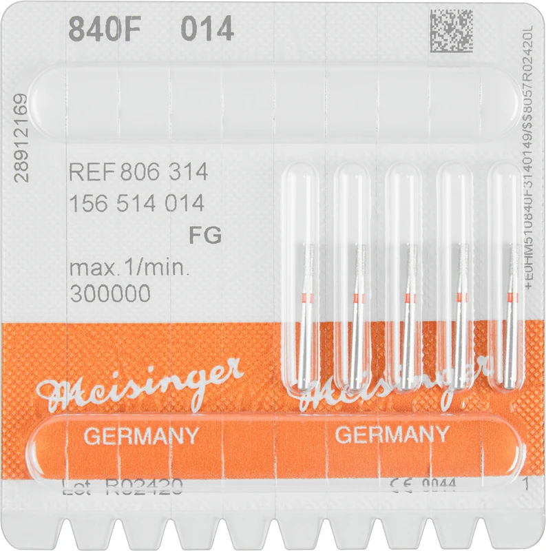 Diamanten 840  Packung  5 Stück rot fein, FG, Figur 156 Zylinder abgerundet, 1 mm, ISO 014