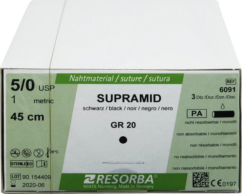 RESORBA® Supramid  Packung  36 Stück schwarz, 45 cm, GR20, gerade, Rundkörper, 20 mm, USP 5\0