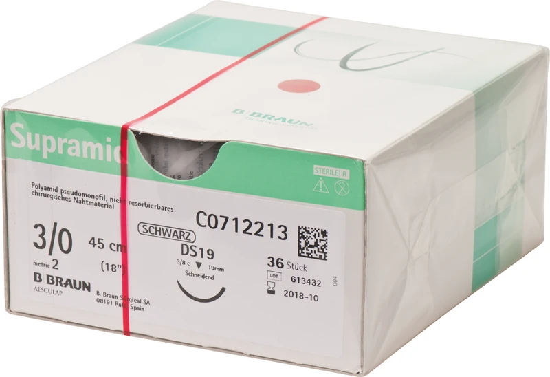 Supramid  Packung  36 Stück schwarz, 45 cm, DS19, 3\8 Kreis, schneidend, 19 mm, USP 3\0