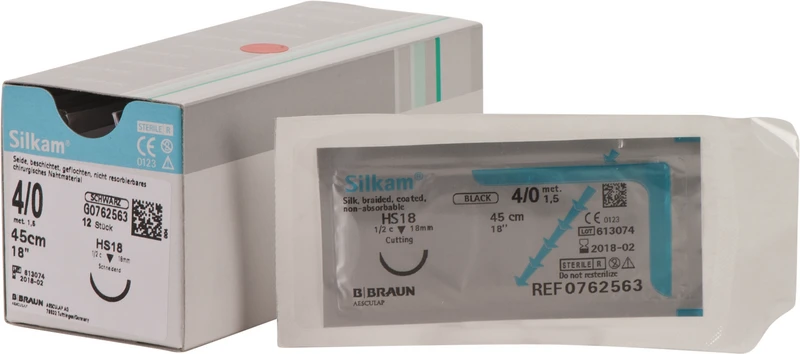 Silkam®  Packung  12 Stück schwarz, 45 cm, HS18, 1\2 Kreis, schneidend, 18 mm, USP 4\0