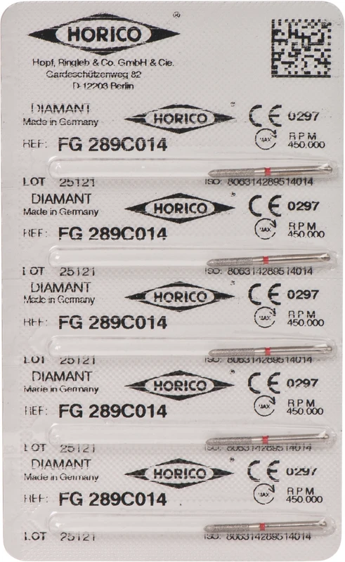 Diamantschleifer 289  Packung  5 Stück rot fein, FG, Figur 289, 8 mm, ISO 014