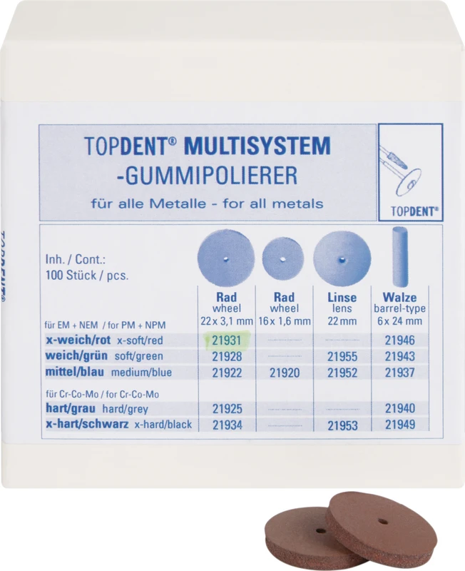 TOPDENT Multisystem-Gummipolierer  Packung  100 Stück rot x-weich, Rad, Ø 22 mm x 3,1 mm