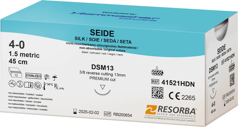 SEIDE  Packung  12 Stück schwarz, 45 cm, DSM13, 3\8 Kreis, außen schneidend, Premium-Schliff, 13 mm, USP 4\0