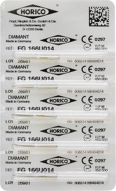 Diamantschleifer 166   Blister  5 Stück weiß ultrafein, FG, Figur 166, 10 mm, ISO 014