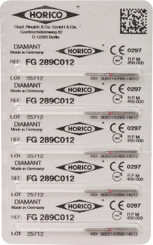 Diamantschleifer 289  Packung  5 Stück rot fein, FG, Figur 289, 8 mm, ISO 012