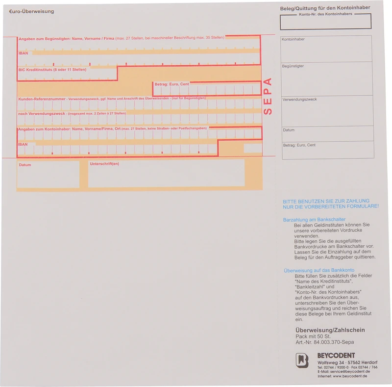 Überweisung\Zahlschein  Packung  50 Stück für Zahnarztrechner