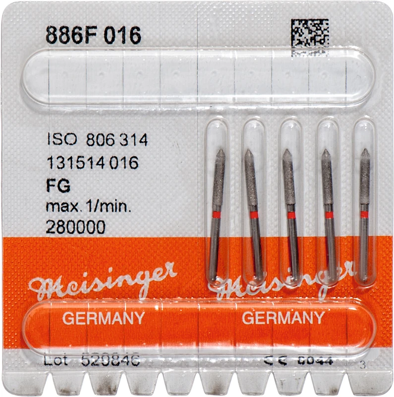 Diamanten 886  Packung  5 Stück rot fein, FG, Figur 131 Zylinder spitz, 10 mm, ISO 016