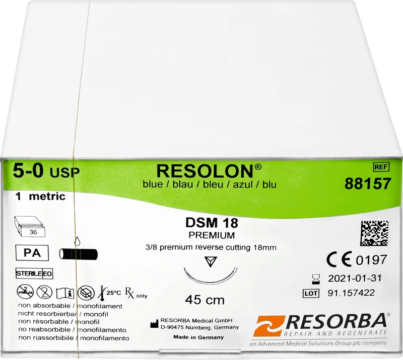 RESOLON®  Packung  36 Stück blau, 45 cm, DSM18, 3\8 Kreis, außen schneidend, 18 mm, USP 5\0