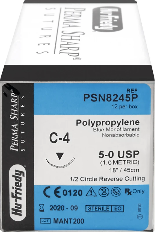 Perma Sharp Polypropylen  Packung  12 Stück blau, 45 cm, C-4, 1\2 Kreis, schneidend, Rückstich, 12,7 mm, USP 5\0