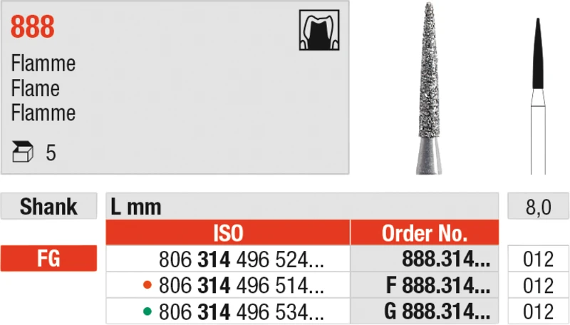 Diamanten 888  Packung  5 Stück Standard, FG, Figur 496 Flamme, 8 mm, ISO 012