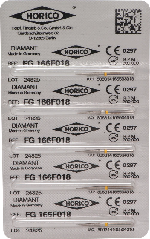 Diamantschleifer 166   Blister  5 Stück gelb x-fein, FG, Figur 166, 10 mm, ISO 018