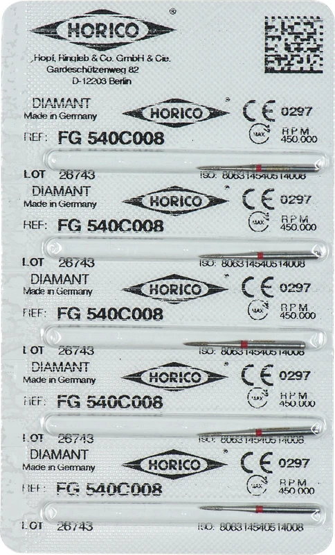 Diamantschleifer 540  Packung  5 Stück rot fein, FG, Figur 540, 4 mm, ISO 008