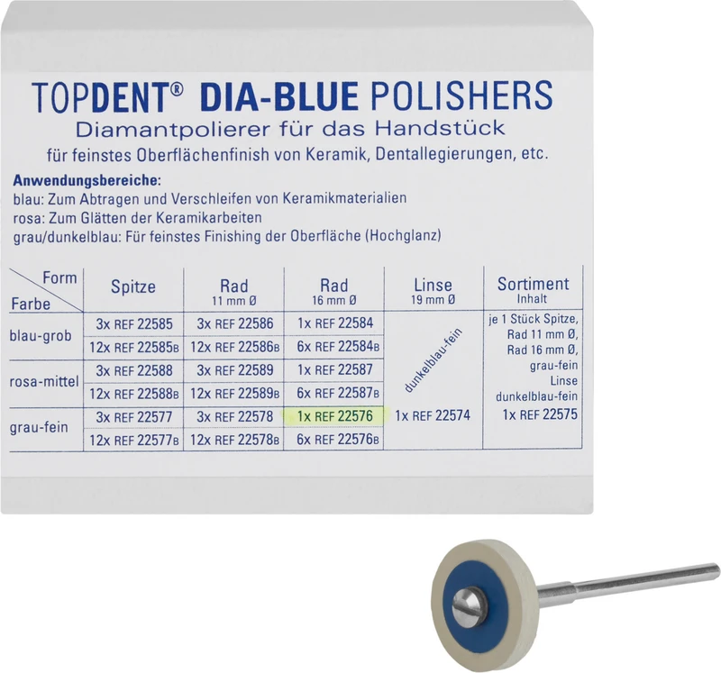 TOPDENT DIA-BLUE-Polierer  Stück  HP, grau fein, großes Rad, 16 x 3 mm