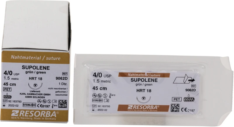 RESORBA® Supolene  Packung  12 Stück grün, 45 cm, HRT18, 1\2 Kreis, schneidender Rundkörper, 18 mm, USP 4\0