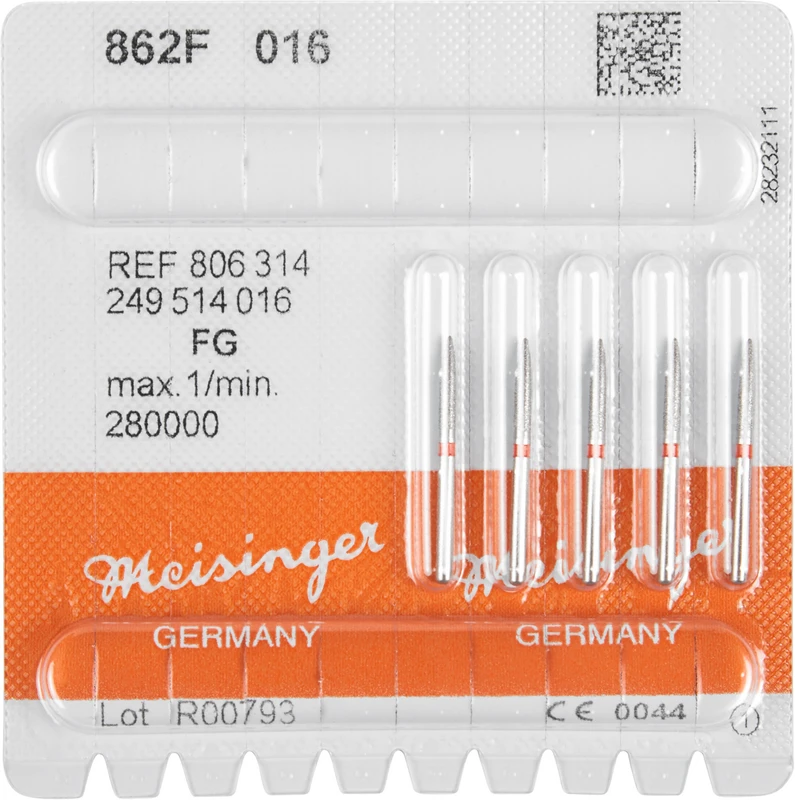 Diamanten 862  Packung  5 Stück rot fein, FG, Figur 249 Flamme, 8 mm, ISO 016