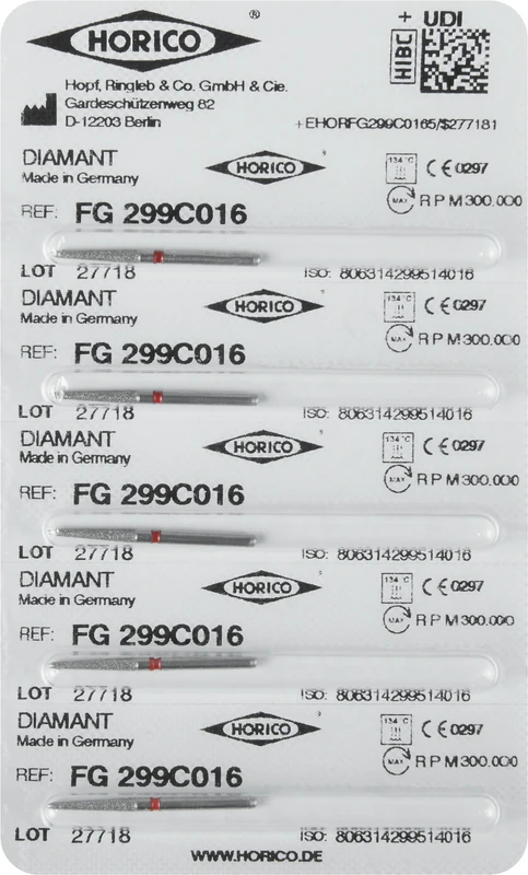 Diamantschleifer 299  Packung  5 Stück rot fein, FG, Figur 299, 10 mm, ISO 016