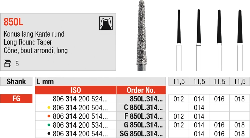 Diamanten 850L  Packung  5 St. grün grob, FG, Fig. 200 Konus lang, Kante rund, 11,5 mm, ISO 012